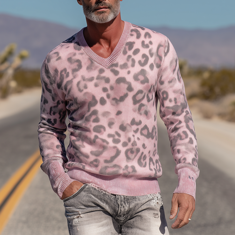 Męski Sweter Pleciony w Wzór Lamparta z Dekoltem w Kształcie V MTA1431H1P