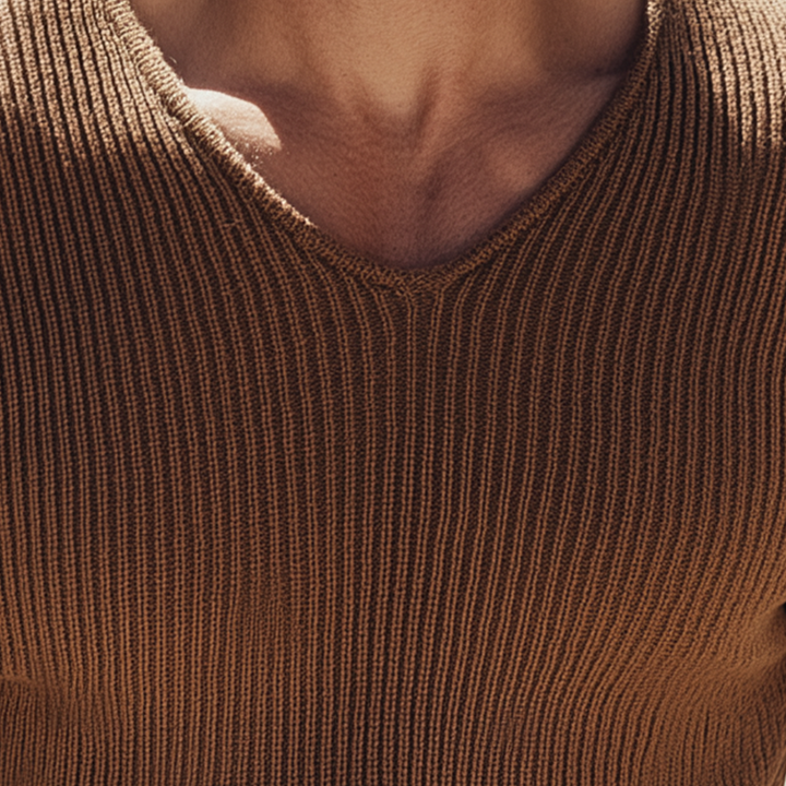 Męski Prosty Sweter Pleciony w Prostej Farbce z Dekoltem w Serek
