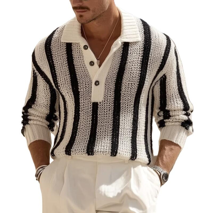 Męski vintage sweter z kontrastowymi paskami, oddychający, z kołnierzykiem polo, luźny, MTA2831H1M