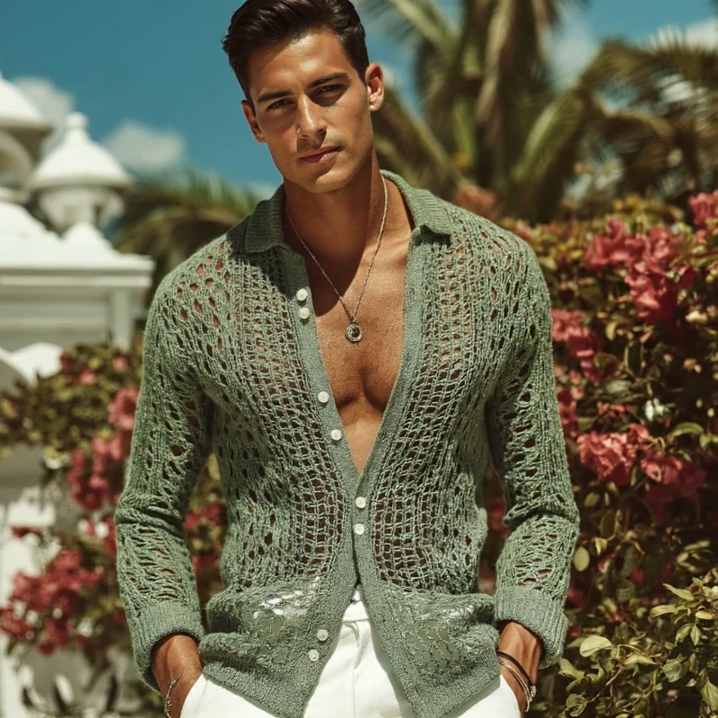 Męska Retro Casual Koszula z Długim Rękawem w Stylu Hollow Knit MTA2892G7TO