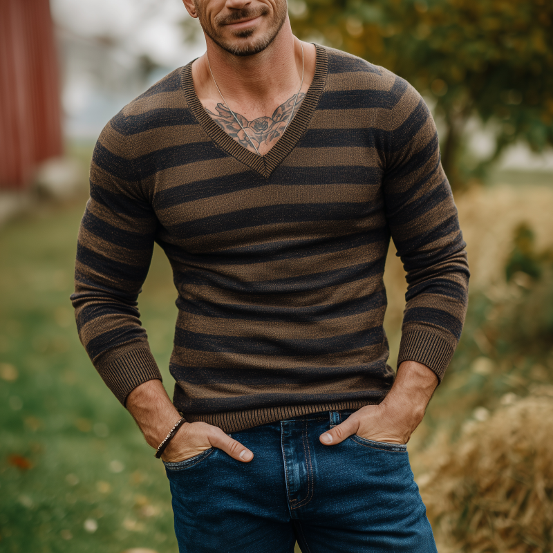 Męski vintage sweter z dekoltem w serek i kontrastowymi paskami MTA1813H3M