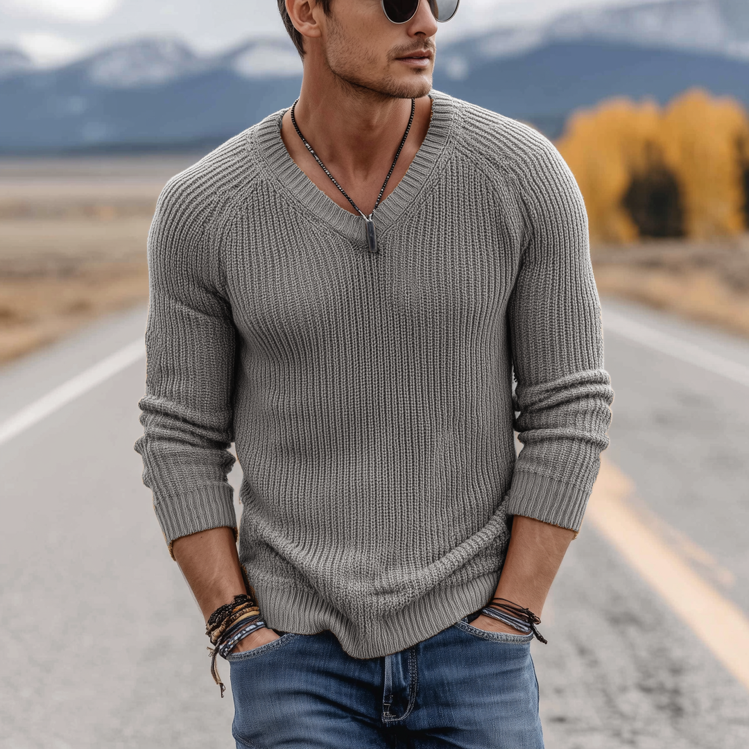 Męski klasyczny casual sweter V-neck slim fit cienki z długim rękawem MTA0247H1K