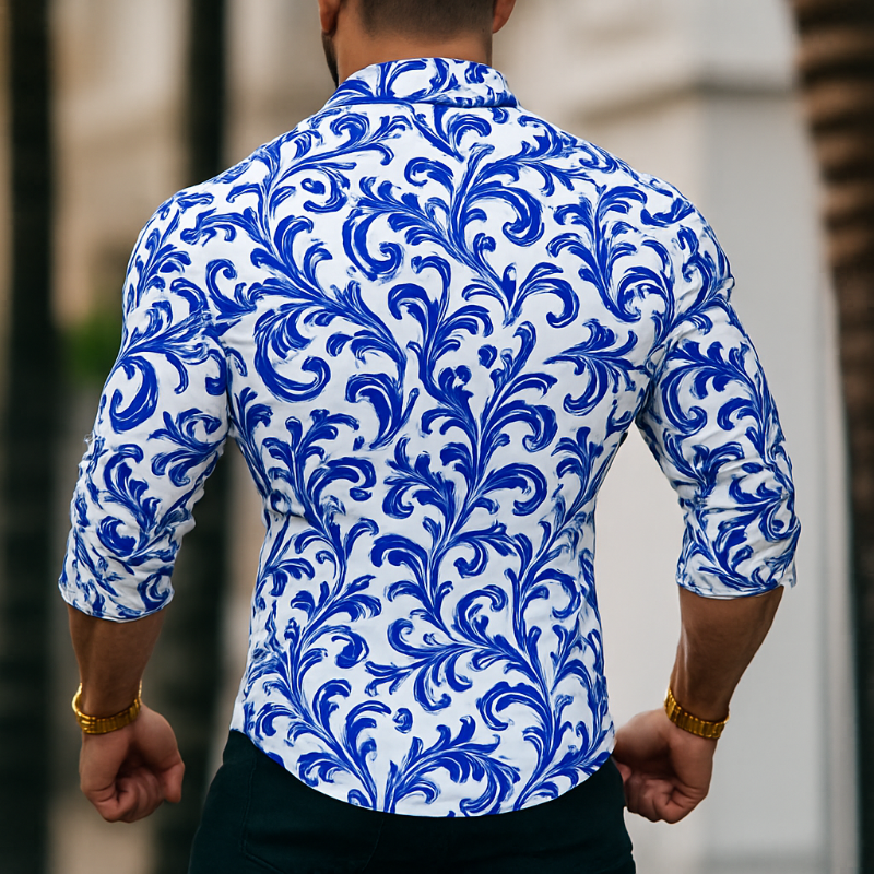 Męska Koszula Retro Casual w Niebiesko-Białe Wzory Porcelanowe z Długim Rękawem i Kołnierzykiem - MTA3023G4TO