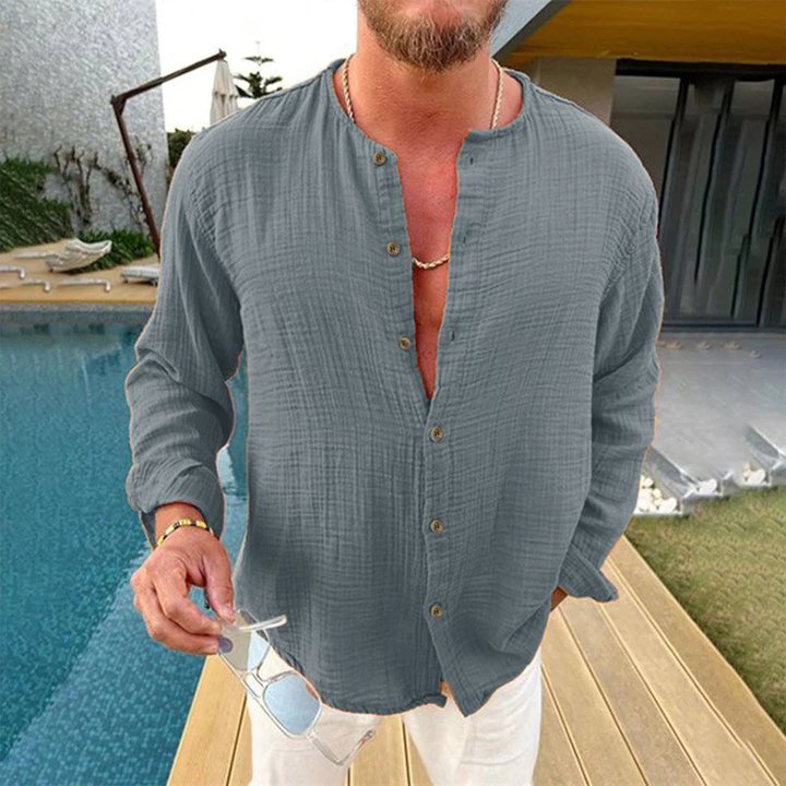 Męska jednokolorowa koszula z bawełny i lnu z długim rękawem 37130279X