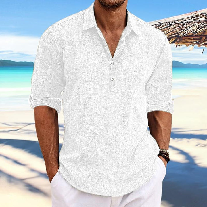 Męska Casual Pullover Koszula z Kołnierzykiem, Długie Rękawy z Lnu i Bawełny - Model 41061054Y