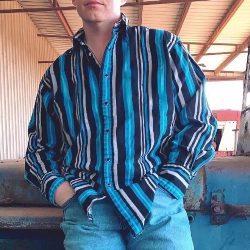 【24-godzinne dostarczenie】Męska koszula westernowa z paskowym nadrukiem, idealna na wakacje, z długim rękawem 43560067X
