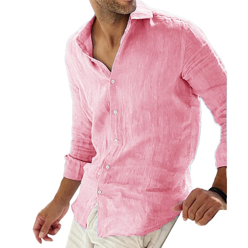 Męska Jednokolorowa Koszula Casual z Lnianym Kołnierzykiem, Oddychająca, Długi Rękaw - Model 78653851Y