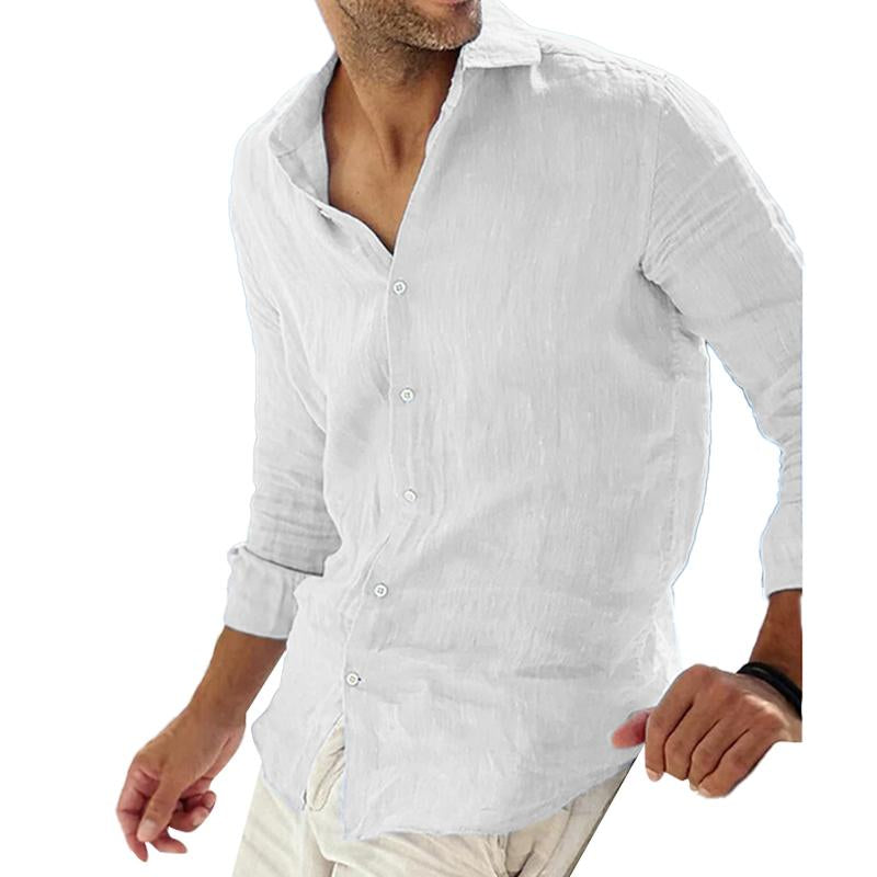 Męska Jednokolorowa Koszula Casual z Lnianym Kołnierzykiem, Oddychająca, Długi Rękaw - Model 78653851Y