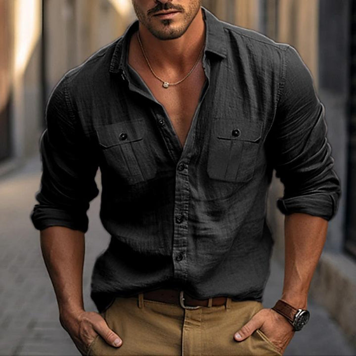 Męska koszula z długim rękawem z bawełny i lnu w jednolitym kolorze z podwójną kieszenią - model 64413169Y