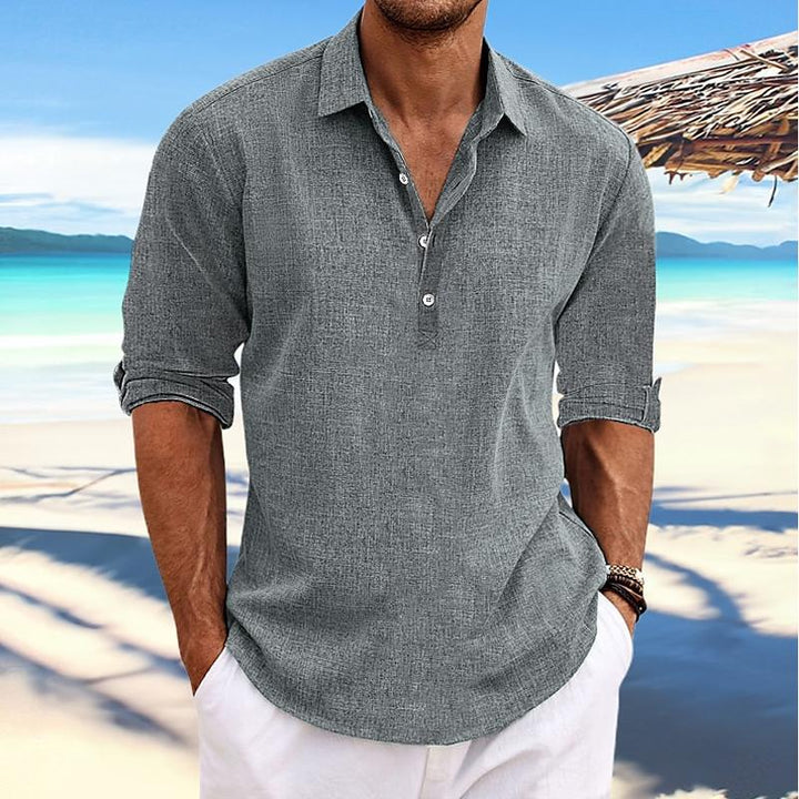 Męska Casual Pullover Koszula z Kołnierzykiem, Długie Rękawy z Lnu i Bawełny - Model 41061054Y