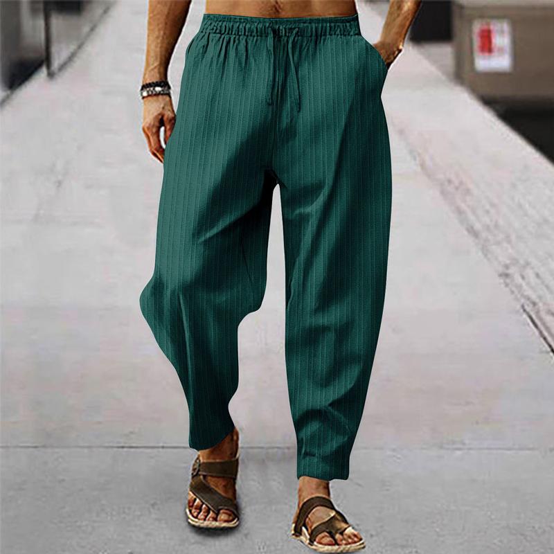 Męskie przewiewne sportowe spodnie z bawełny i lnu w paski 71867122X