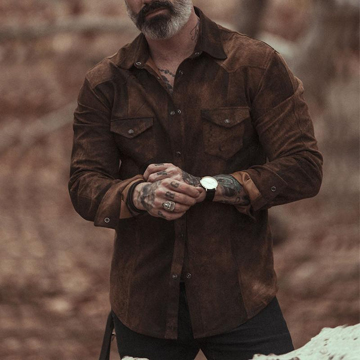 Męska Koszula Suede w Stylu Vintage z Długim Rękawem i Klapą 31793631TO