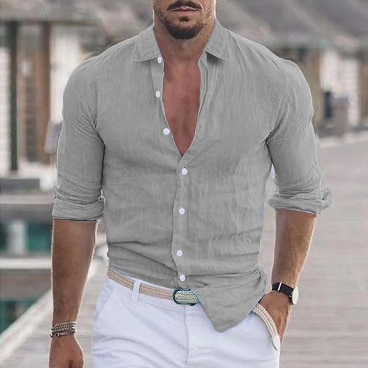 Męska jednolita koszula casualowa z długim rękawem i kołnierzykiem z mieszanki bawełny - model 21280669Y