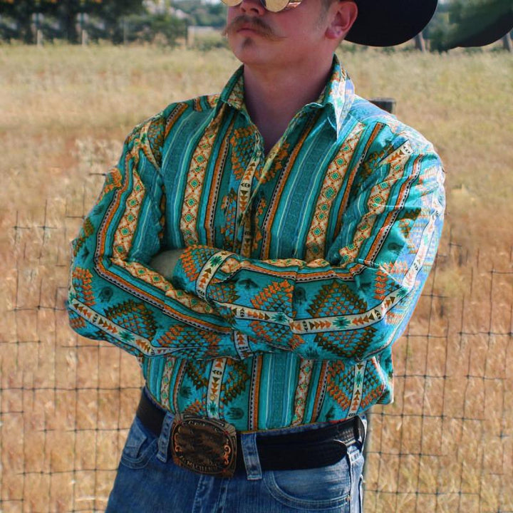 【24-godzinne dostarczenie】Męska koszula westernowa z paskowym nadrukiem, idealna na wakacje, z długim rękawem 43560067X