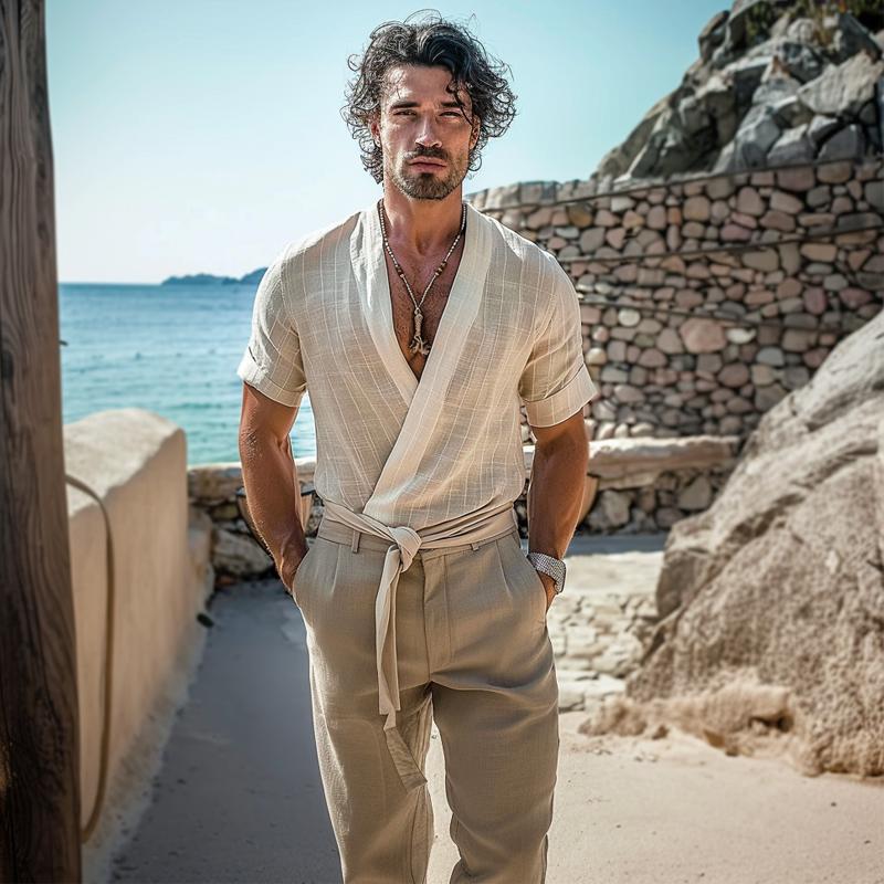 Retro męska koszulka z krótkim rękawem, okrągły dekolt, surowe wykończenie - model 58726427Y