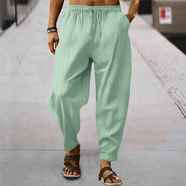 Męskie przewiewne sportowe spodnie z bawełny i lnu w paski 71867122X