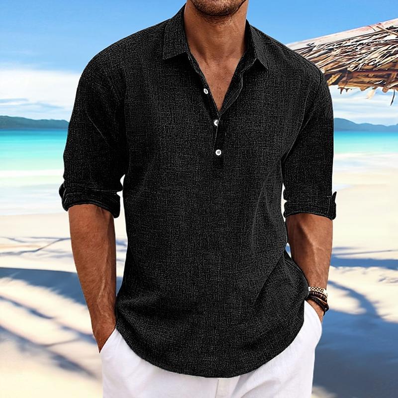 Męska Casual Pullover Koszula z Kołnierzykiem, Długie Rękawy z Lnu i Bawełny - Model 41061054Y