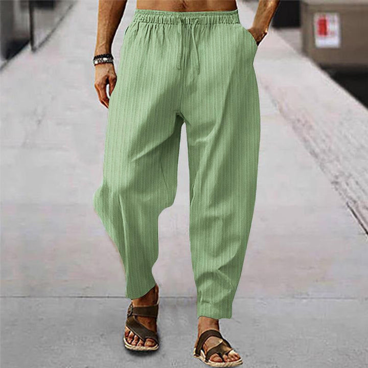 Męskie przewiewne sportowe spodnie z bawełny i lnu w paski 71867122X