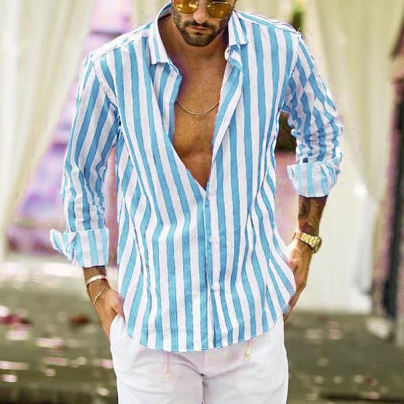 Męska koszula w paski z długim rękawem 67559330X