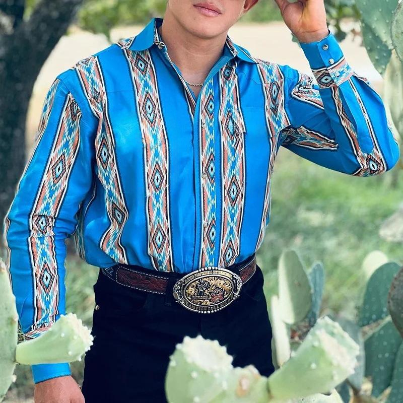 Męska dżinsowa koszula westernowa z kołnierzykiem i długim rękawem - model 35190529X