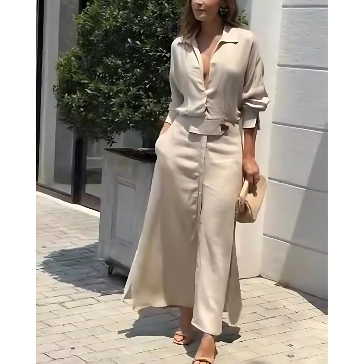 Barbara | Maxi sukienka z bawełny i lnu z guzikami i paskiem w talii