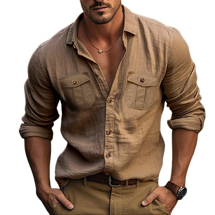 Męska koszula z długim rękawem z bawełny i lnu w jednolitym kolorze z podwójną kieszenią - model 64413169Y