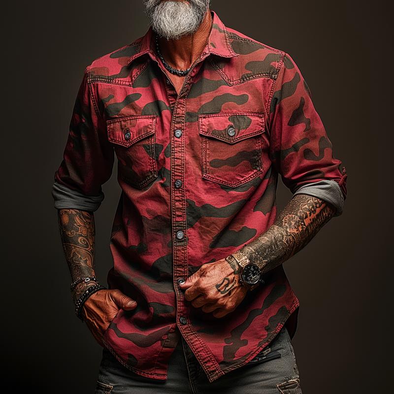 Męska koszula cargo w kamuflażu z kołnierzykiem i kieszenią na piersi - model 17623334Z