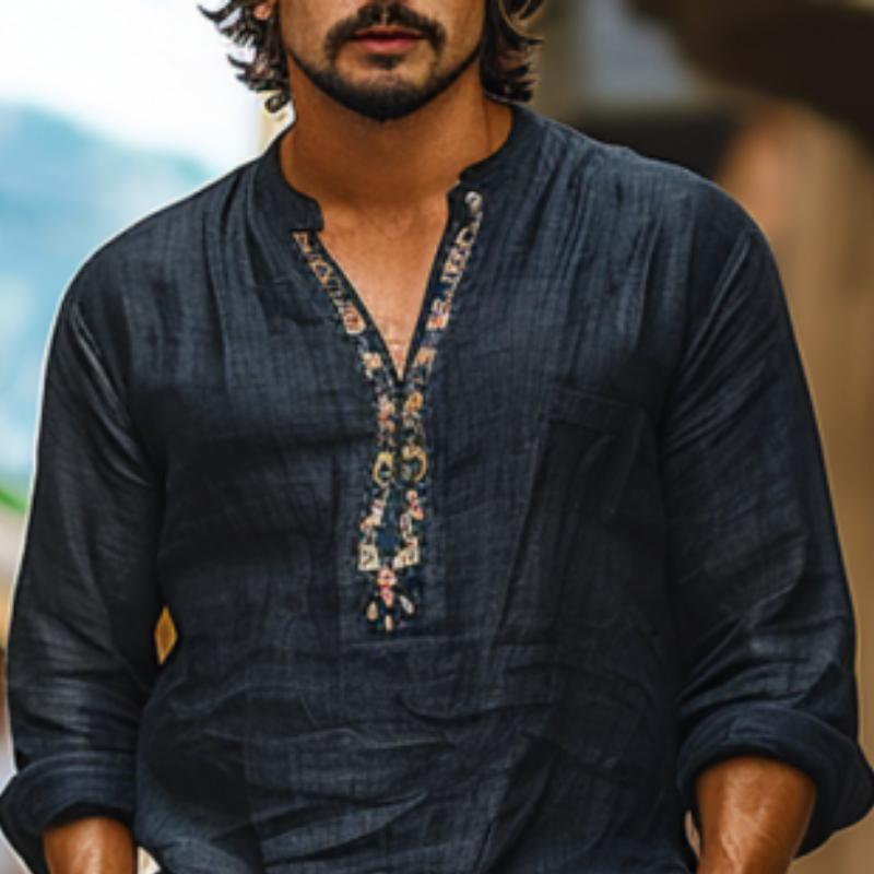 Męska przewiewna koszula z bawełny i lnu, z nadrukiem, dekoltem w kształcie V i długim rękawem - 44077225Y