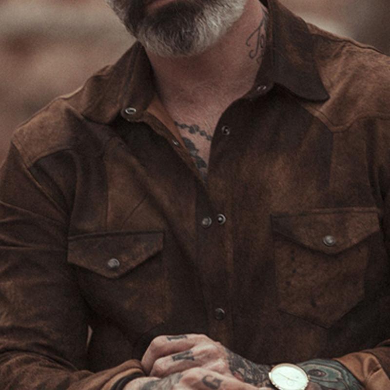 Męska Koszula Suede w Stylu Vintage z Długim Rękawem i Klapą 31793631TO