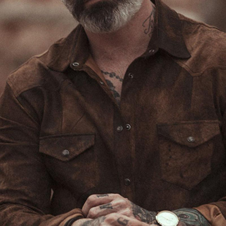 Męska Koszula Suede w Stylu Vintage z Długim Rękawem i Klapą 31793631TO