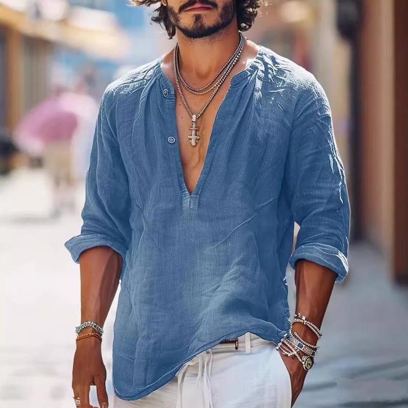 Męska Koszula Vintage z Długim Rękawem i Guzikami w Stylu V-Neck 16011016Y