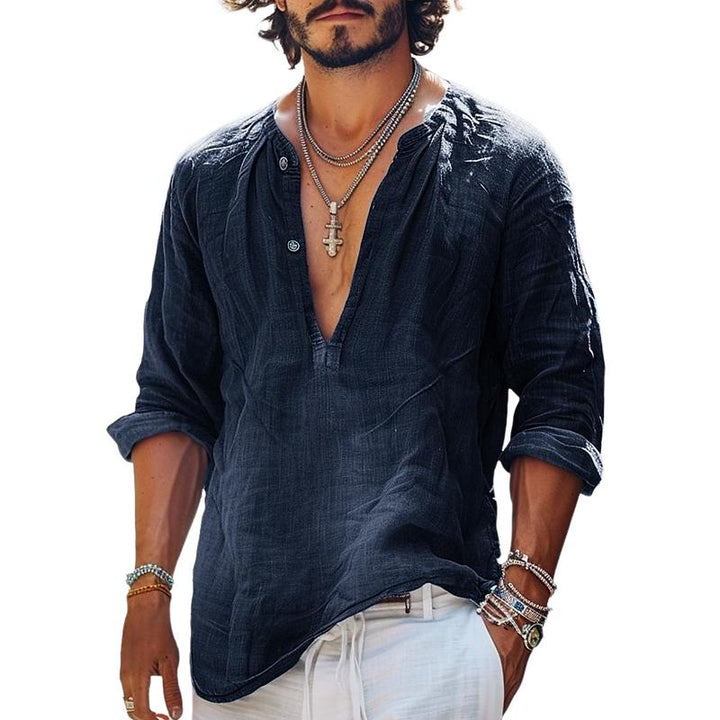 Męska Koszula Vintage z Długim Rękawem i Guzikami w Stylu V-Neck 16011016Y