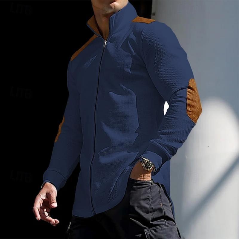 Męska koszula z długim rękawem z zamkiem i stójką w kolorowym bloku - model 68983896Y