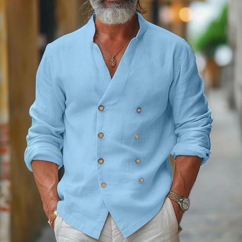 Męska koszula z bawełny i lnu, długi rękaw, kołnierzyk, podwójne guziki - model 17140848Z