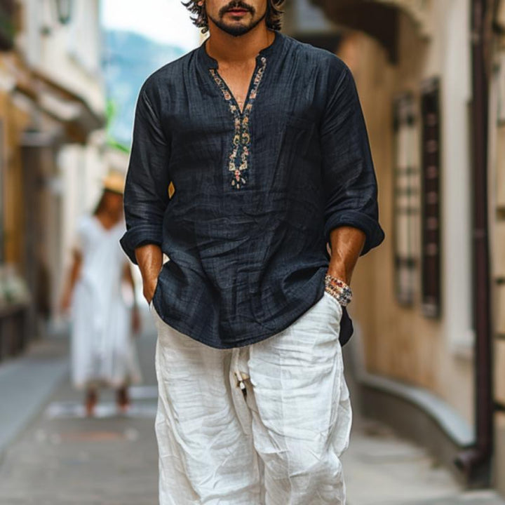 Męska przewiewna koszula z bawełny i lnu, z nadrukiem, dekoltem w kształcie V i długim rękawem - 44077225Y