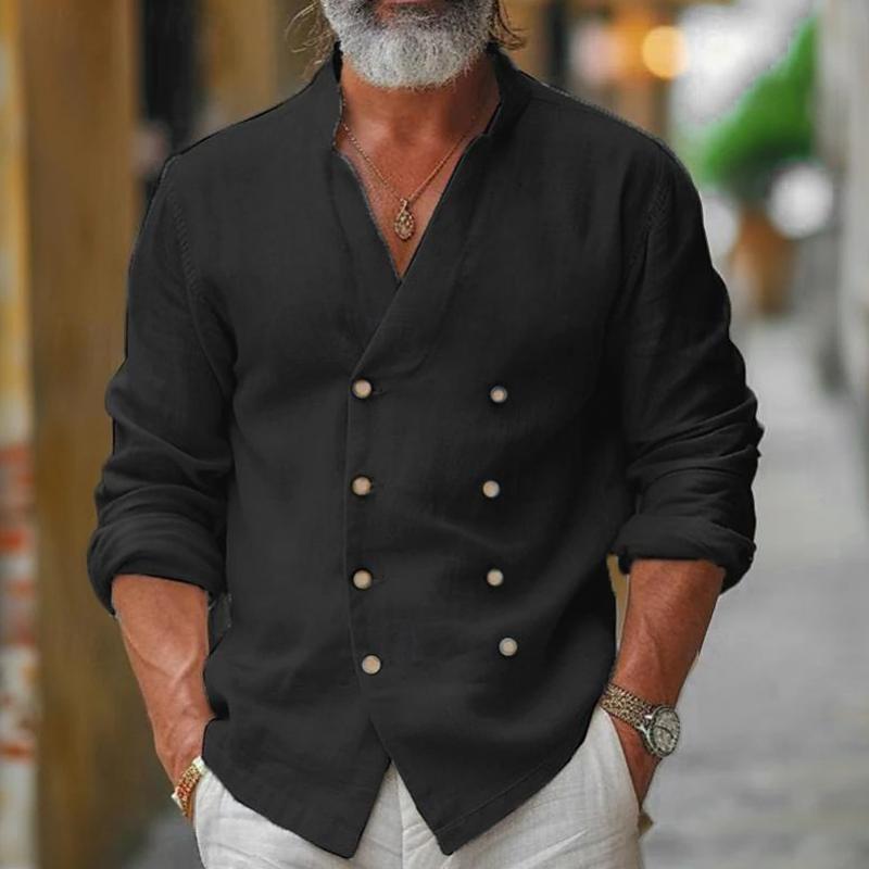 Męska koszula z bawełny i lnu, długi rękaw, kołnierzyk, podwójne guziki - model 17140848Z