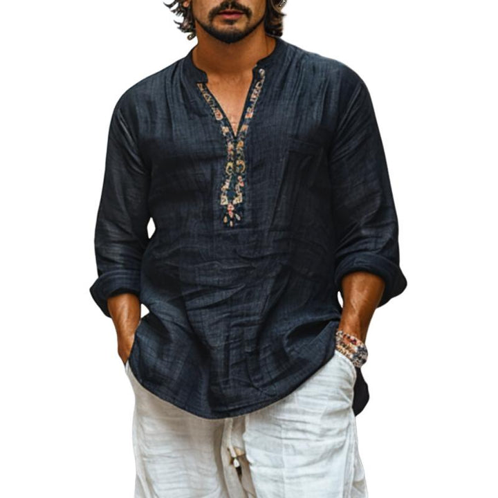 Męska przewiewna koszula z bawełny i lnu, z nadrukiem, dekoltem w kształcie V i długim rękawem - 44077225Y