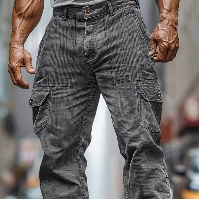 Męskie jednokolorowe spodnie cargo z wieloma kieszeniami, proste nogawki 99285390Y