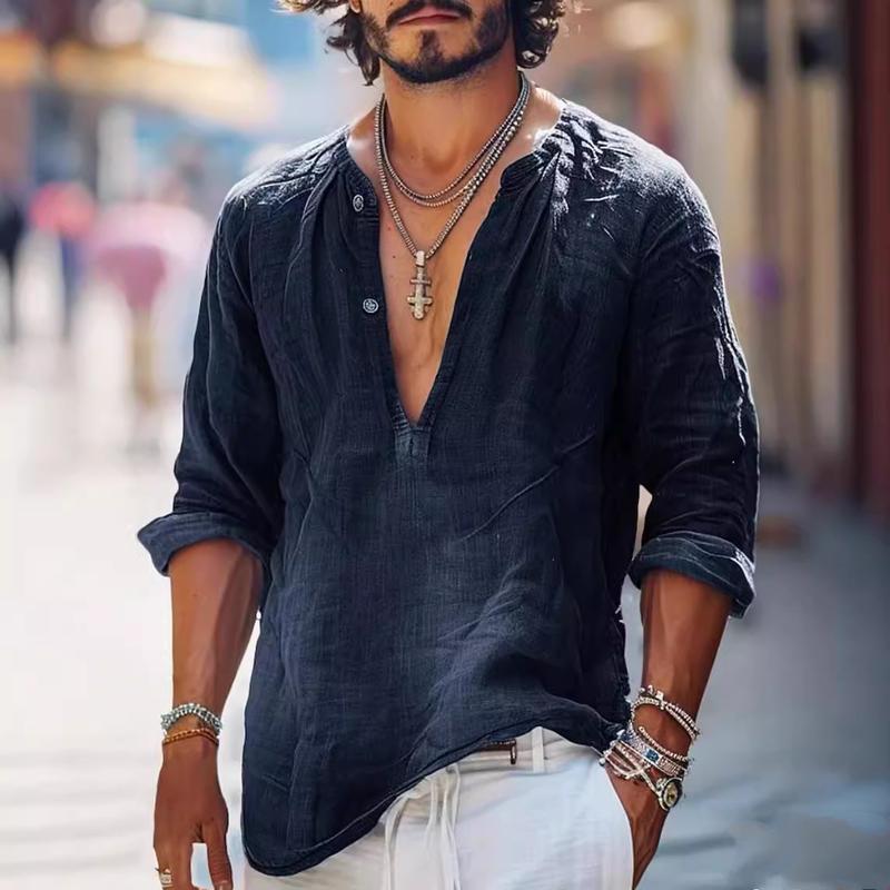 Męska Koszula Vintage z Długim Rękawem i Guzikami w Stylu V-Neck 16011016Y