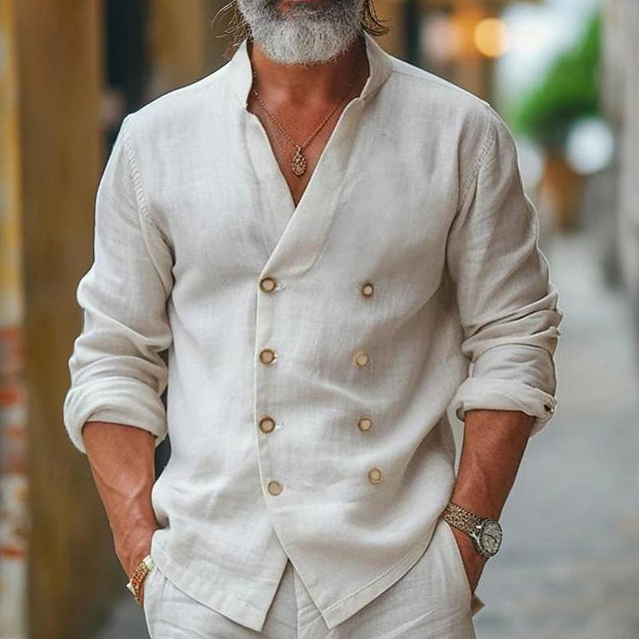 Męska koszula z bawełny i lnu, długi rękaw, kołnierzyk, podwójne guziki - model 17140848Z