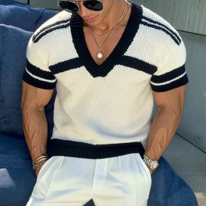 【24-godzinne dostarczenie】Męski sweter casualowy z dekoltem w serek, slim fit, krótkie rękawy, T-shirt dzianina 13072472M