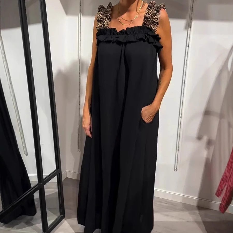 Klara | Lekka Maxi Sukienka na Ramiączkach z Kieszeniami