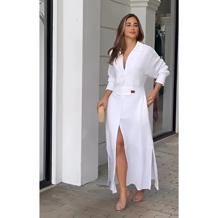 Barbara | Maxi sukienka z bawełny i lnu z guzikami i paskiem w talii